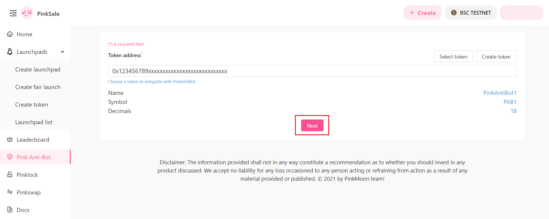 Click Next after Token Selection/Creation
