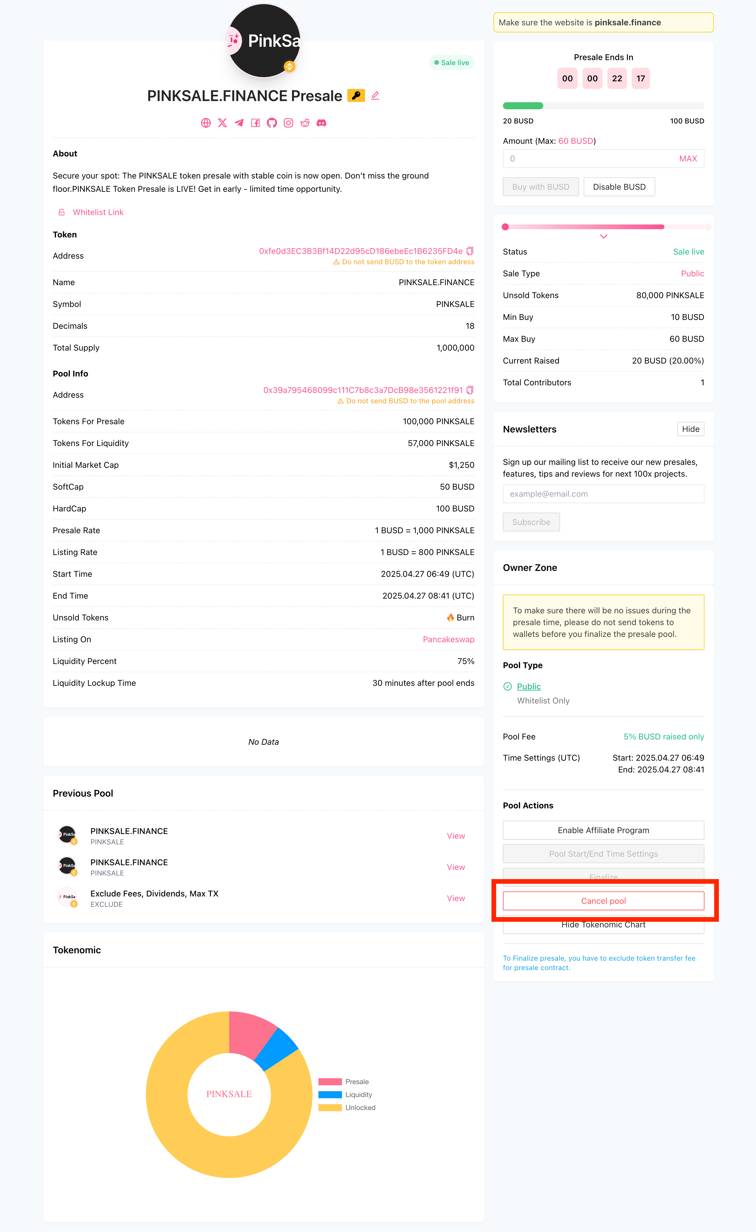 Cancel Presale - Step 1 - Cancel Pool Button in Owner Zone