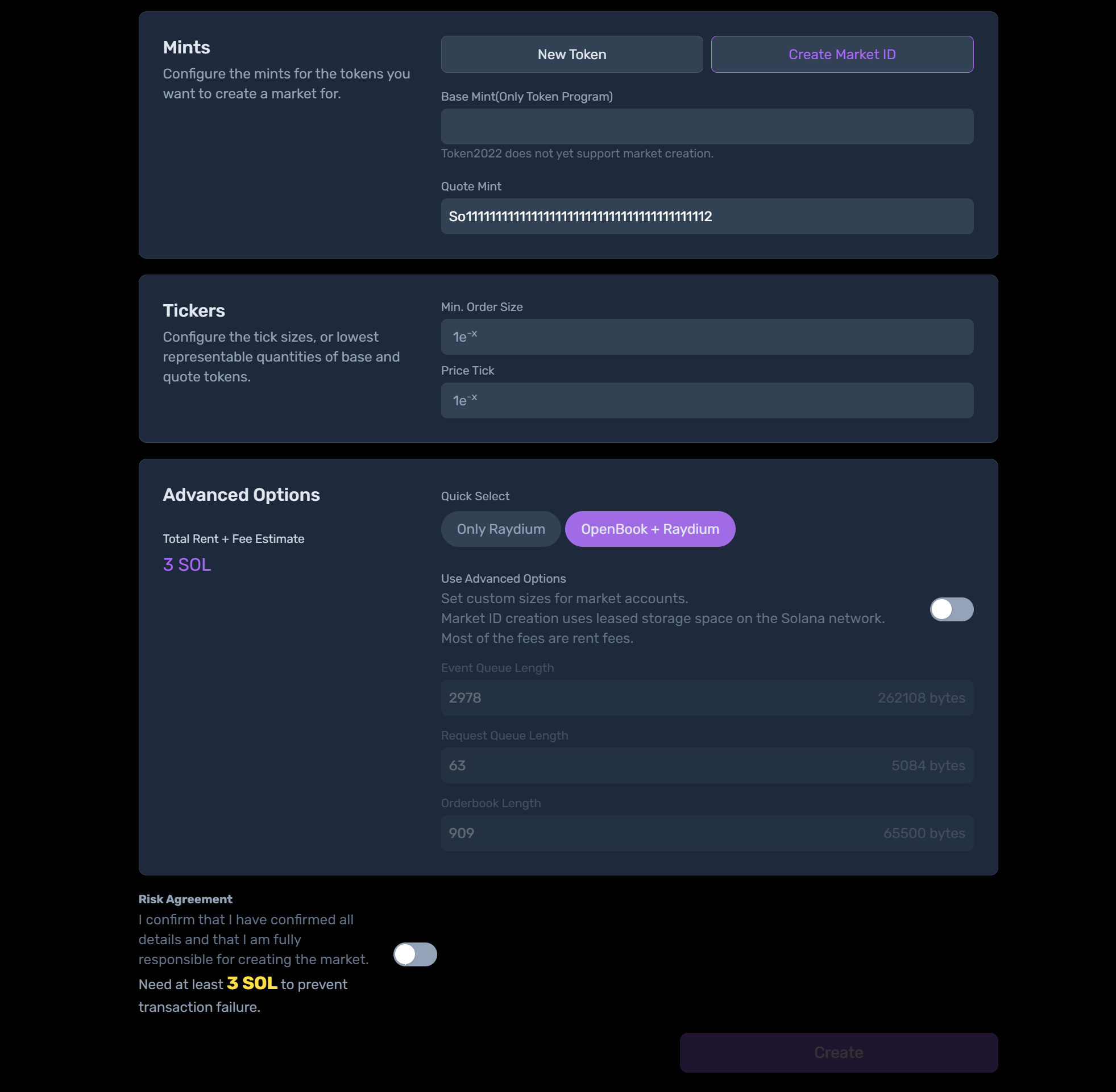 Create Market ID - Step 3 - Min Order Size and Price Tick Configuration