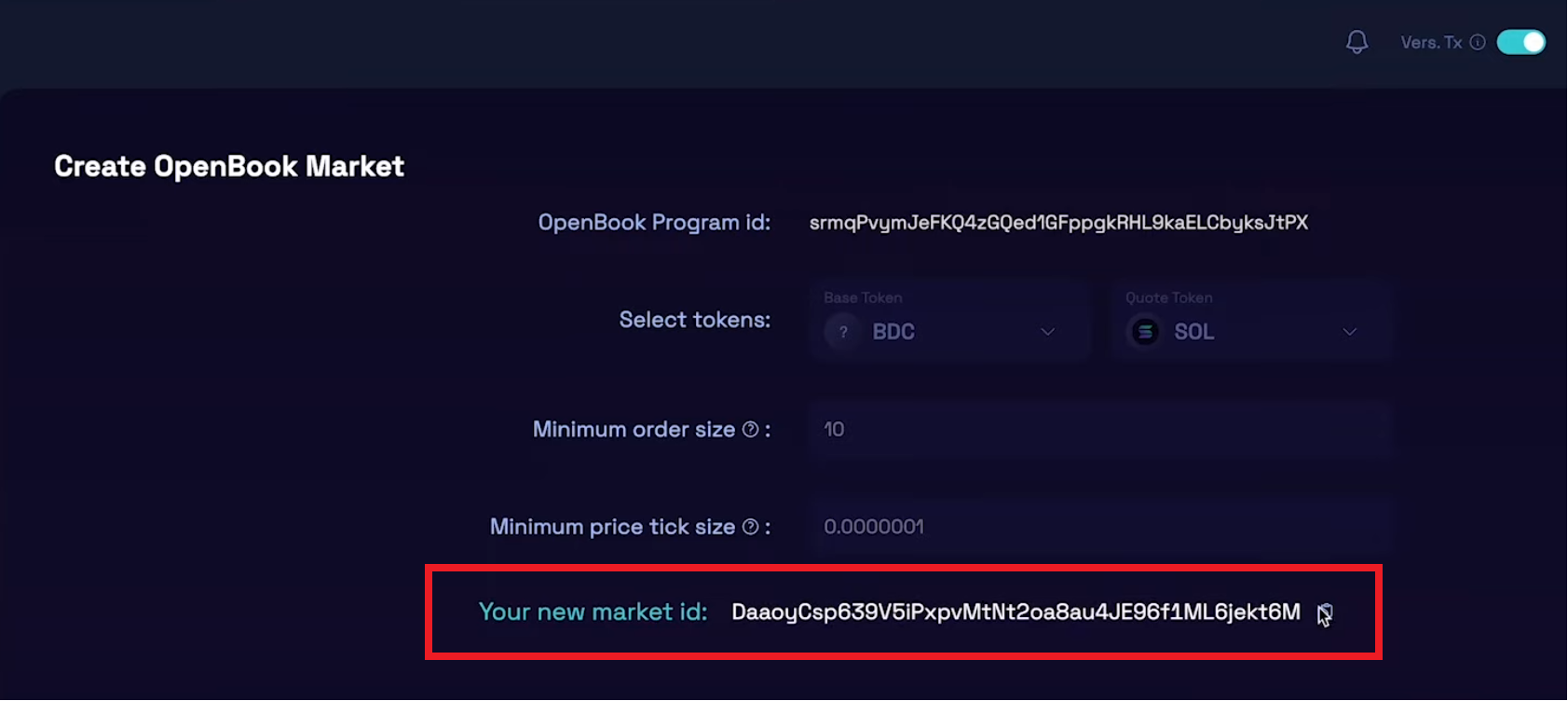 Create Market ID - Step 4 - Estimated Fee Display