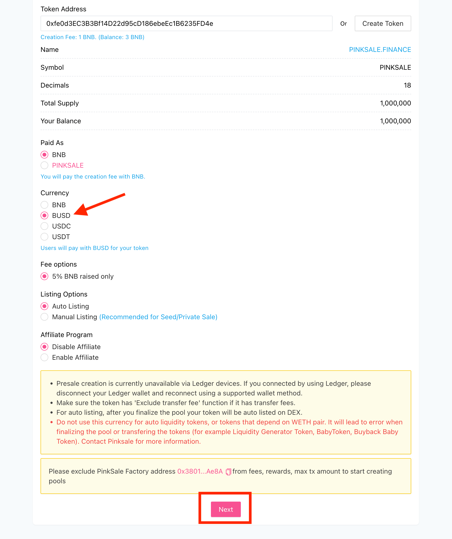 Create Stablecoin Presale - Step 1 - Selecting Stablecoin \(BUSD example shown in text\) and Fee