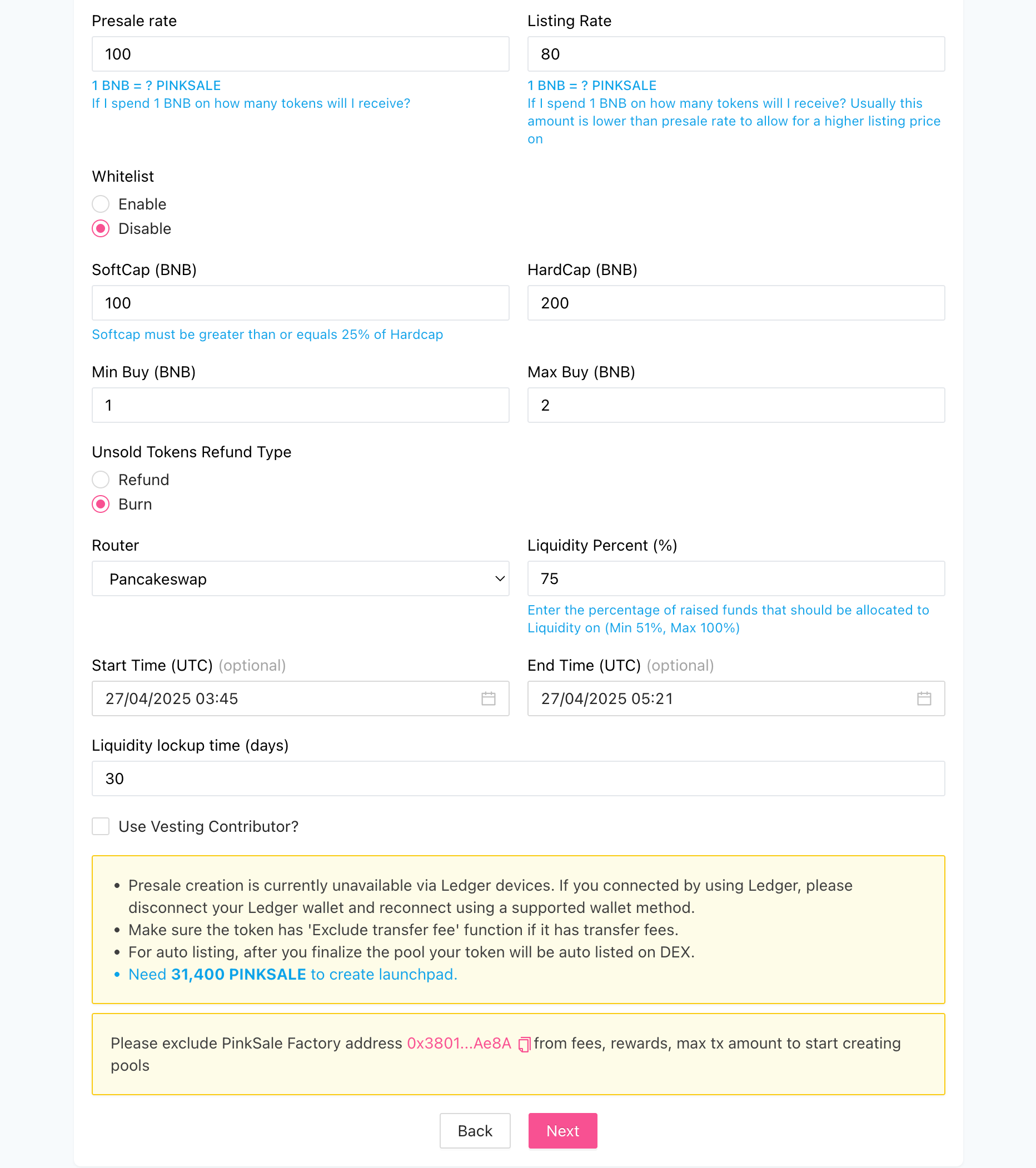 Create Presale - Step 2 - Presale Information Fields