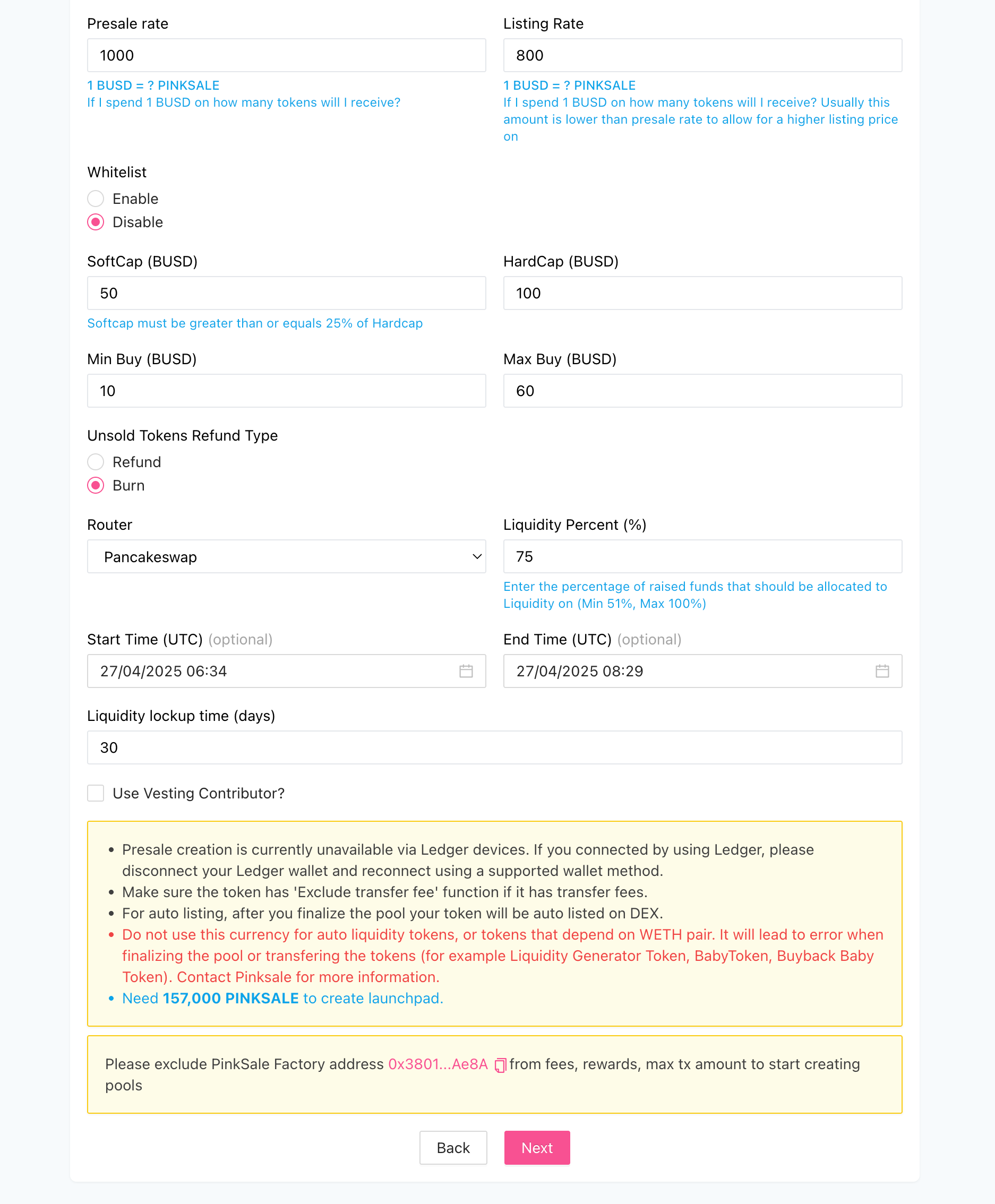 Create Stablecoin Presale - Step 2 - Updated Presale Information Fields