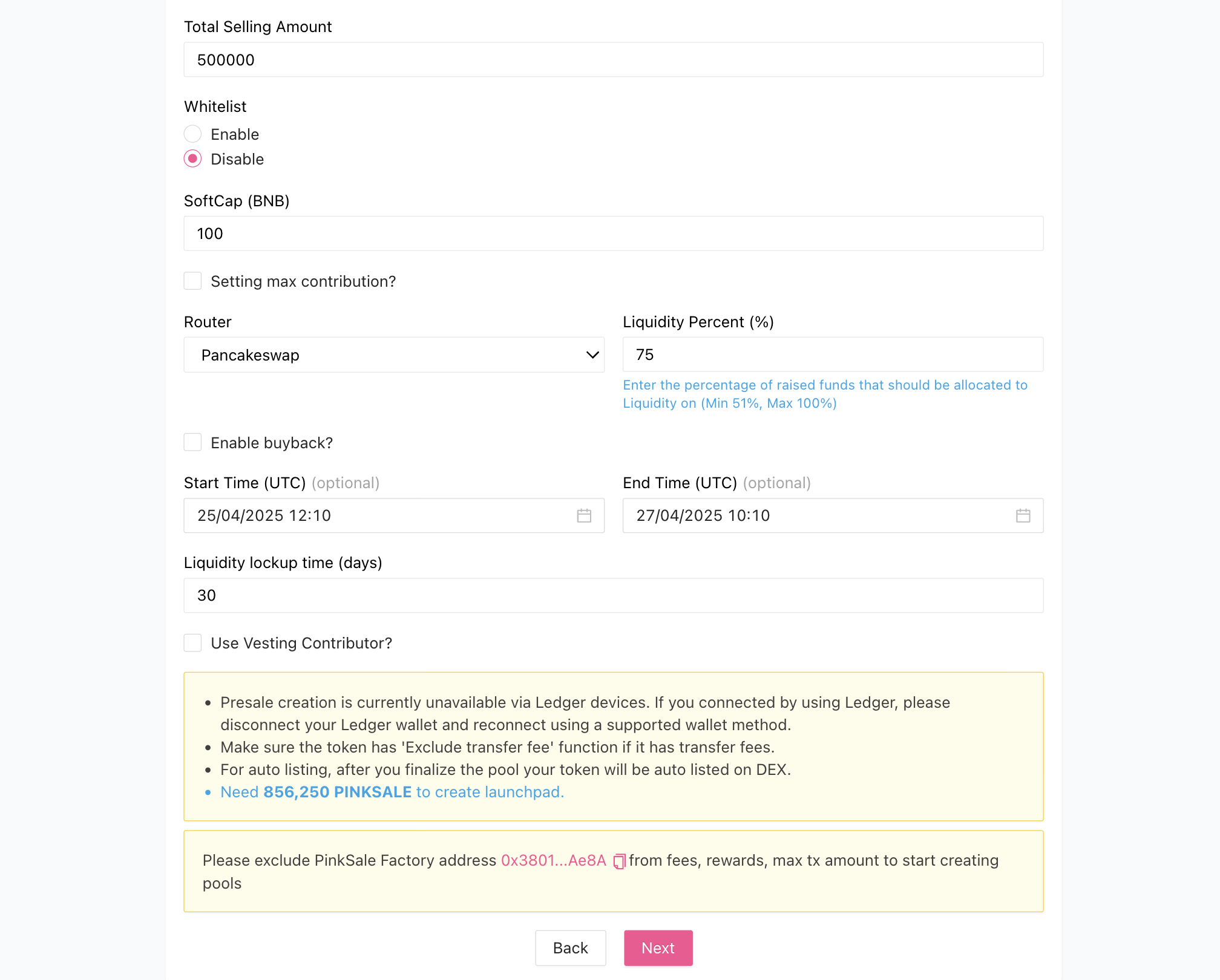 Fair Launch Step 2 Interface