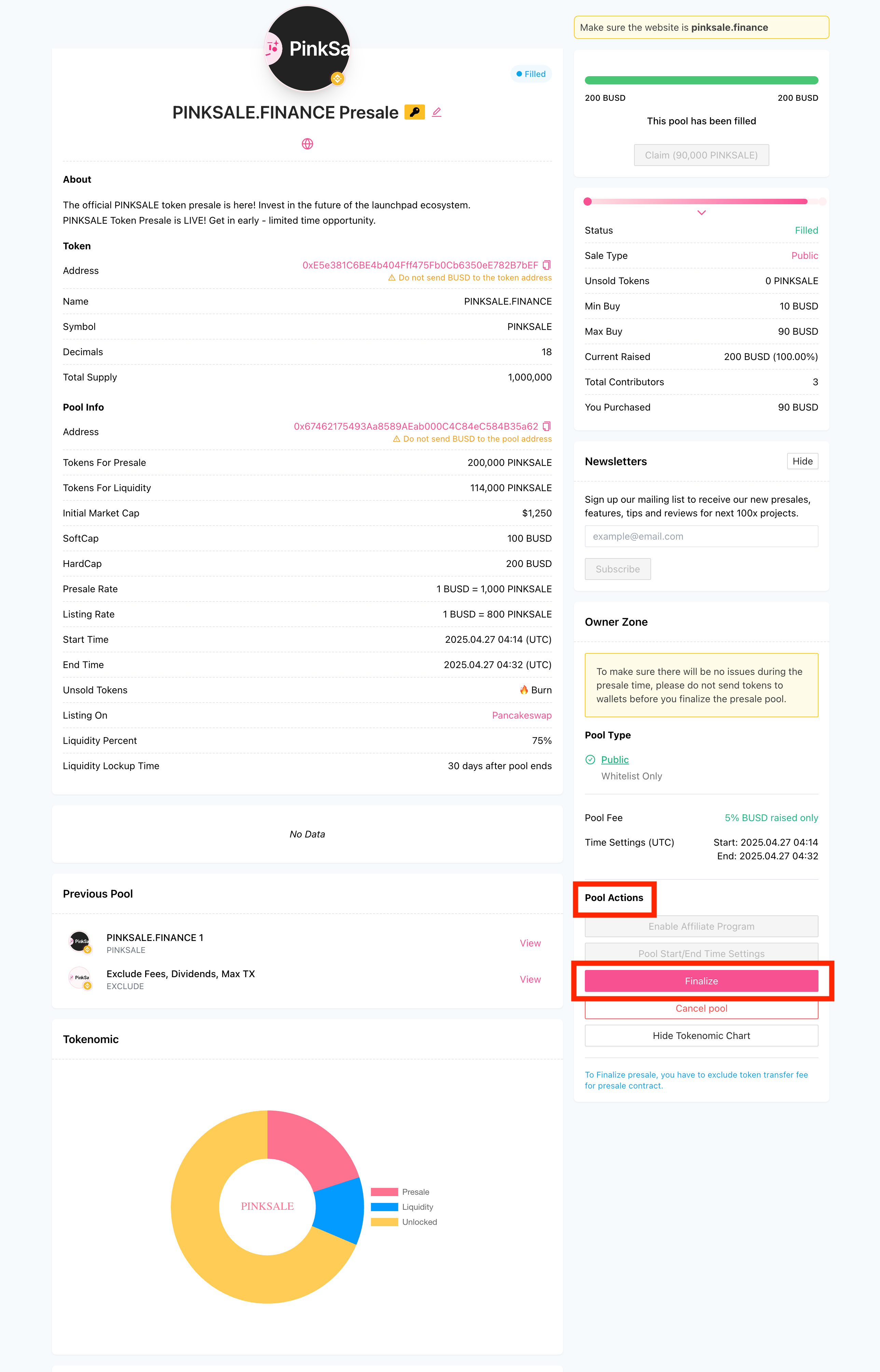 Finalize Presale - Step 5 - Finalize Button on Pinksale Page