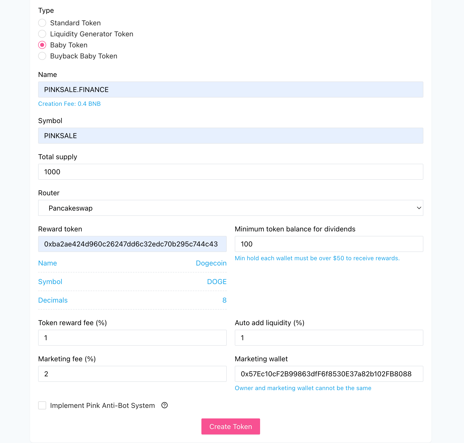 Input Baby Token Details