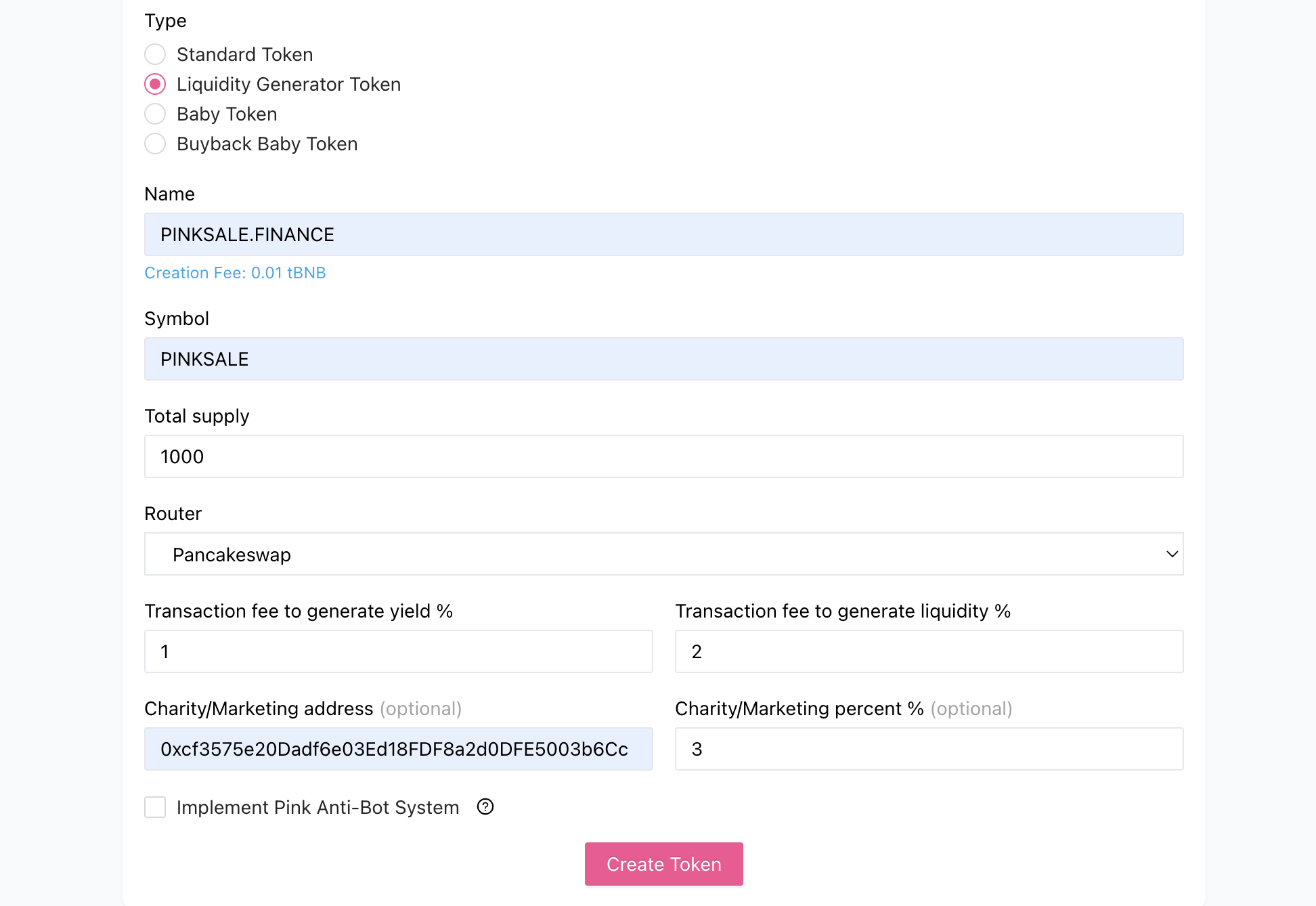 Input Liquidity Generator Token Details