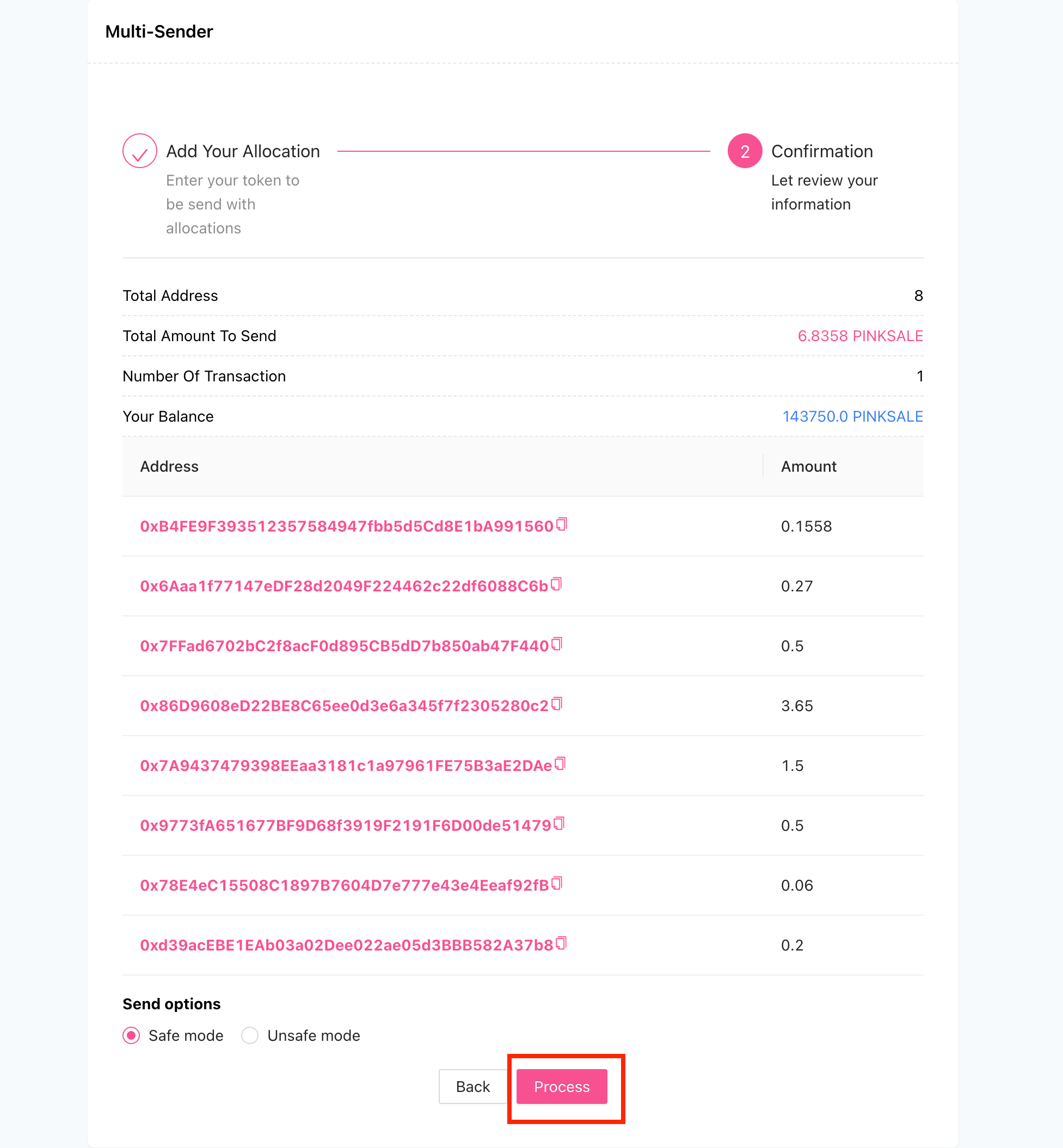Multi-Sender Step 2 Interface - Send Options