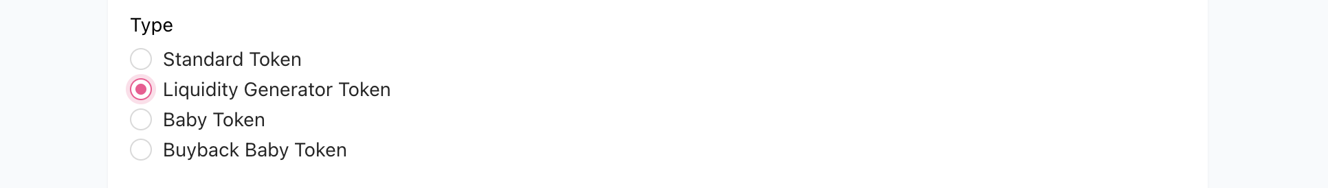 Select Liquidity Generator Token Type