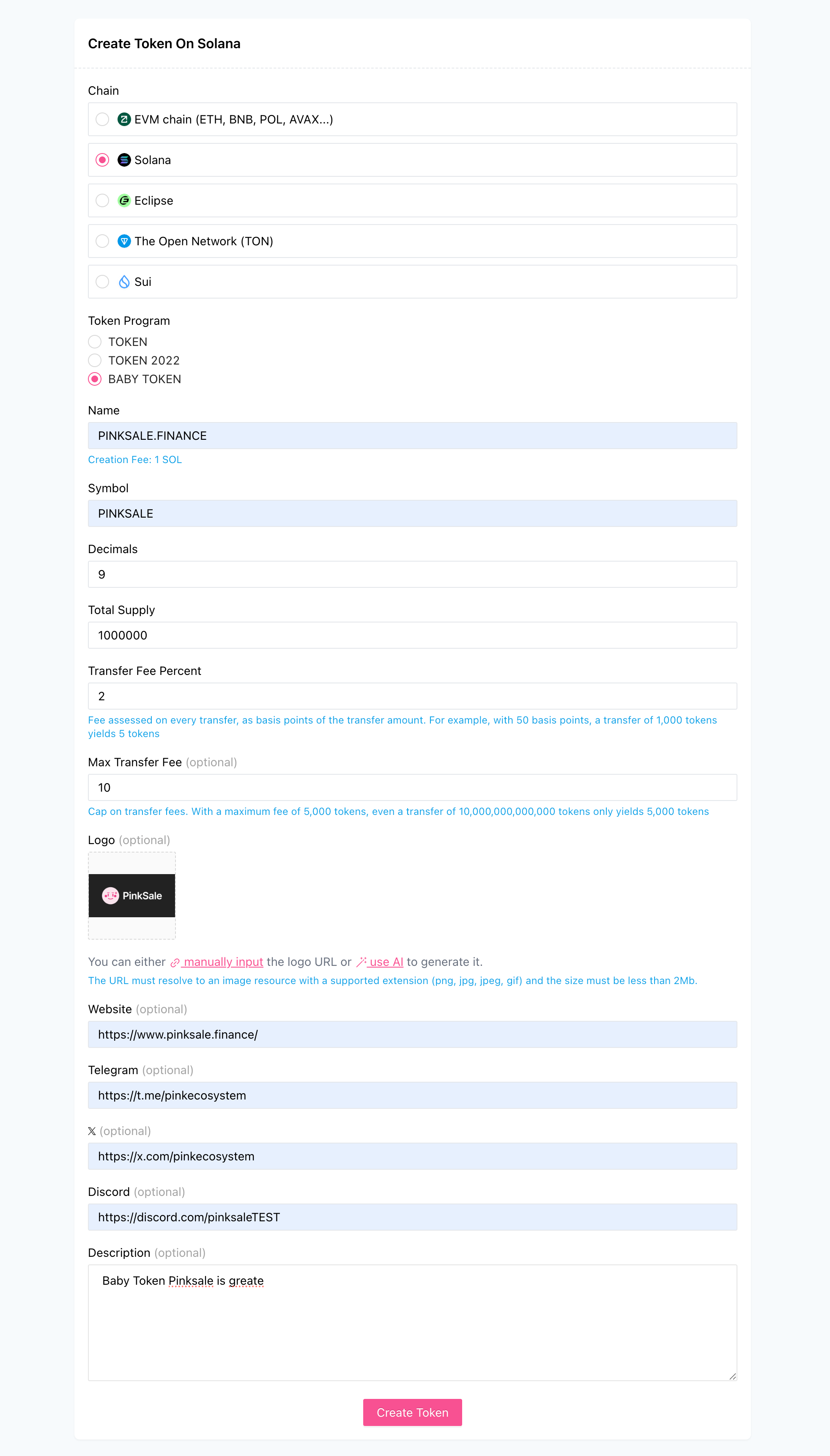 Solana Baby Token Creation Fields with Transfer Fee