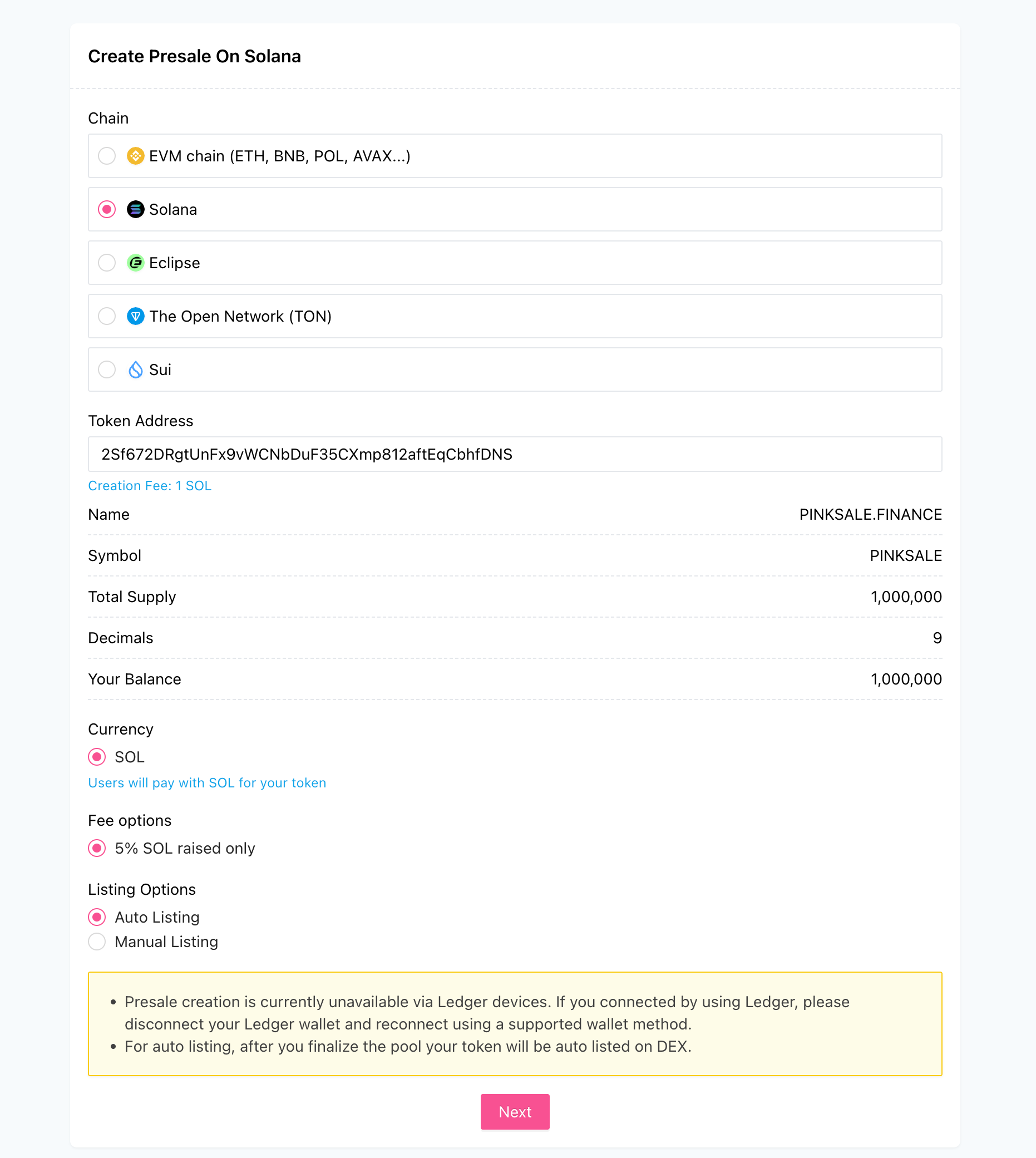 Solana Presale Step 1 Interface