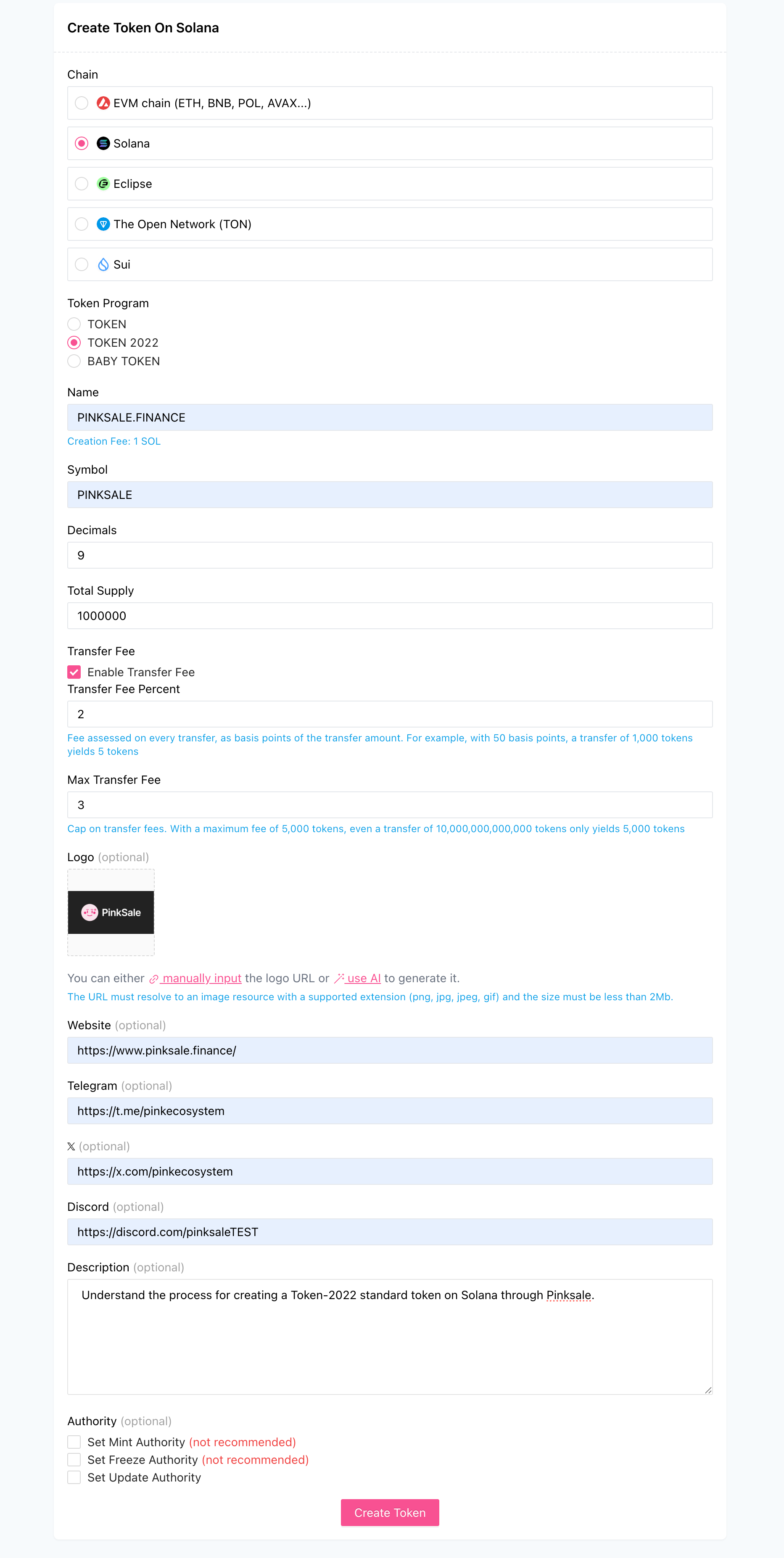 Solana Token-2022 Creation Fields with Transfer Fee