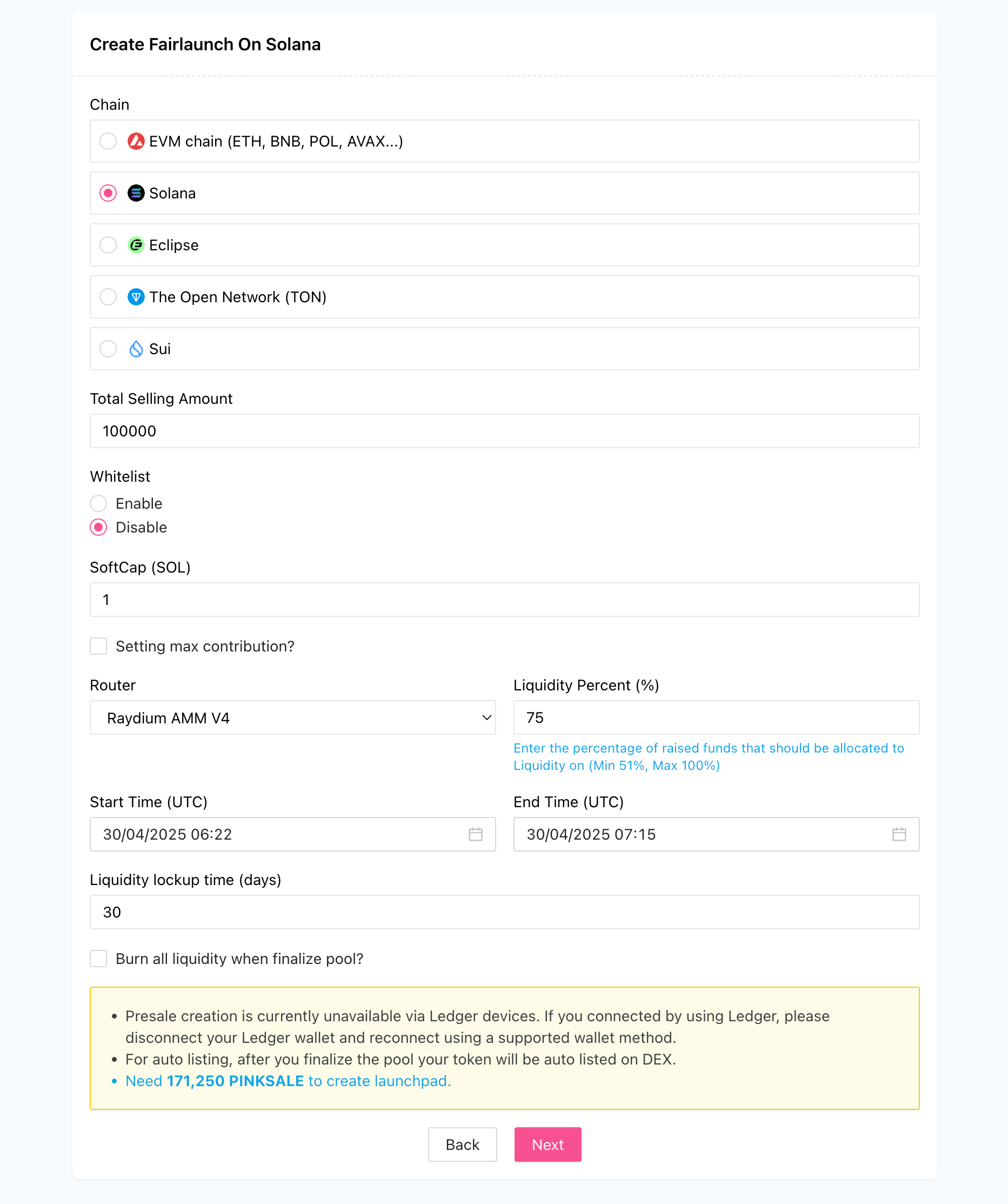 Create Auto Listing Fairlaunch (Solana) - Step 2 - Fair Launch Information Fields