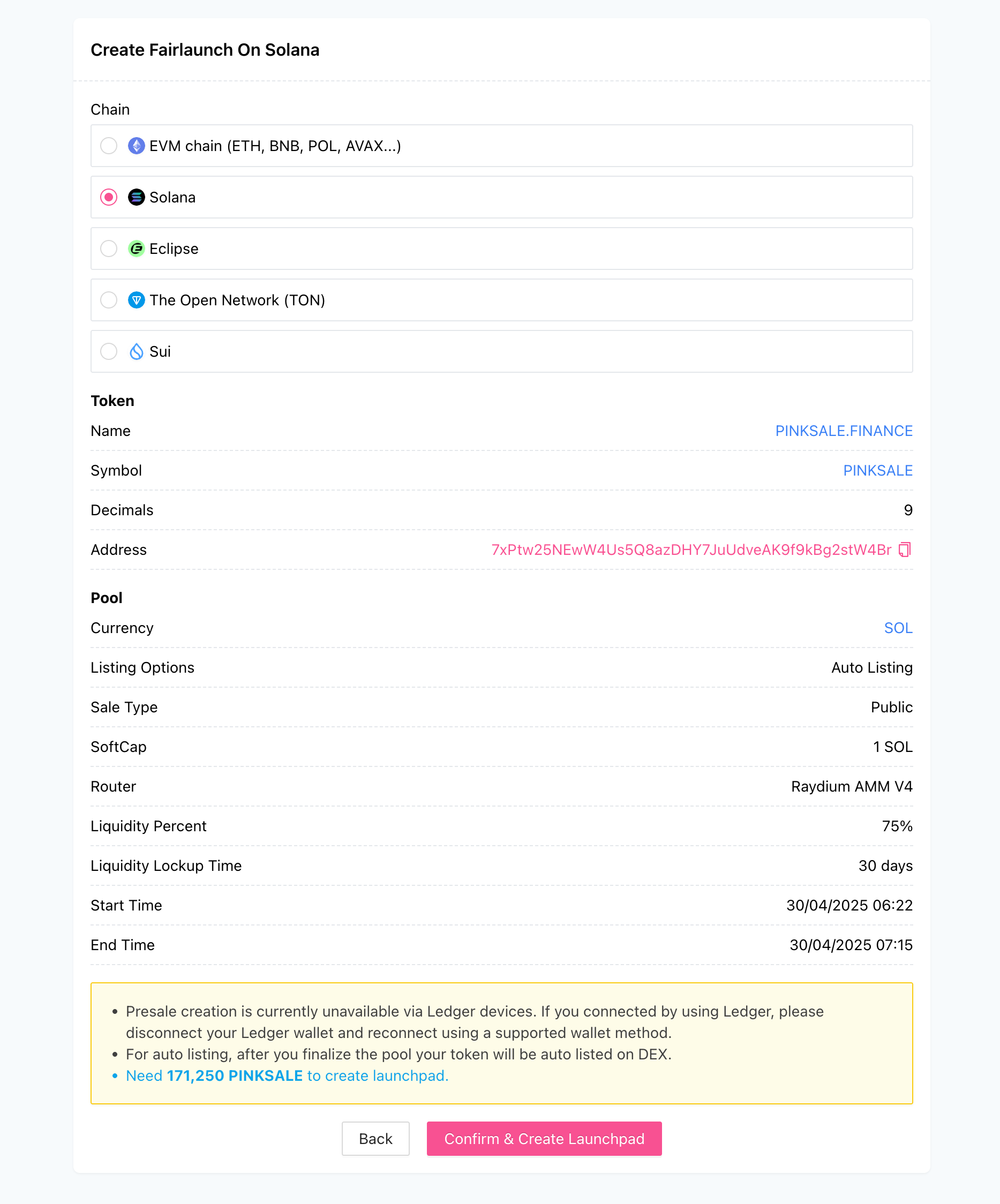 Create Auto Listing Fairlaunch (Solana) - Step 3 - Final Review Screen