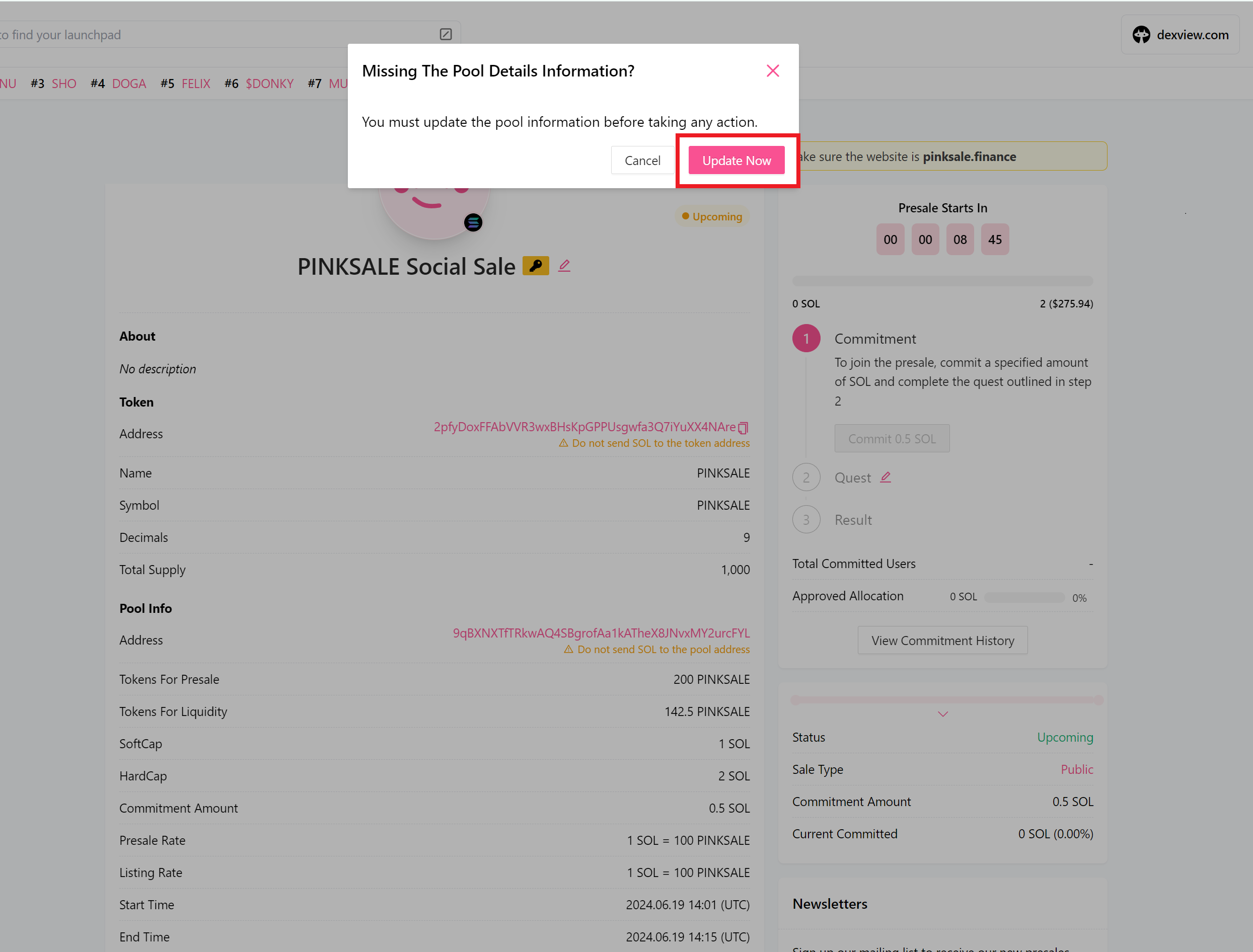 Finalize Social Sale - Step 1 - Update Pool Info Interface 1