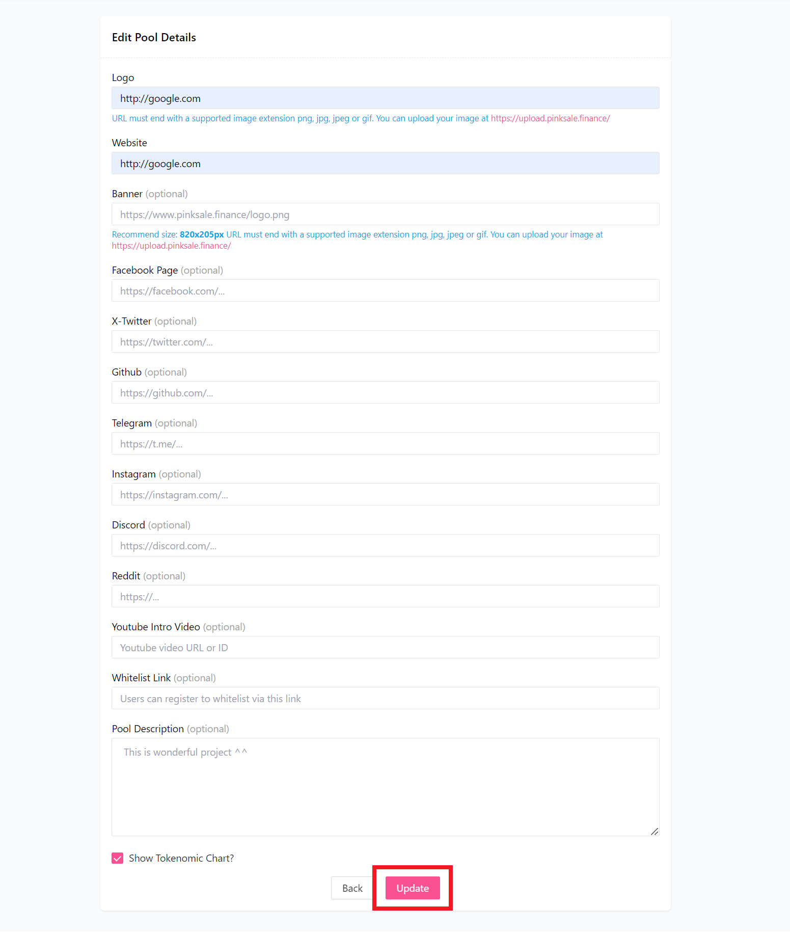 Finalize Social Sale - Step 1 - Update Pool Info Interface 2