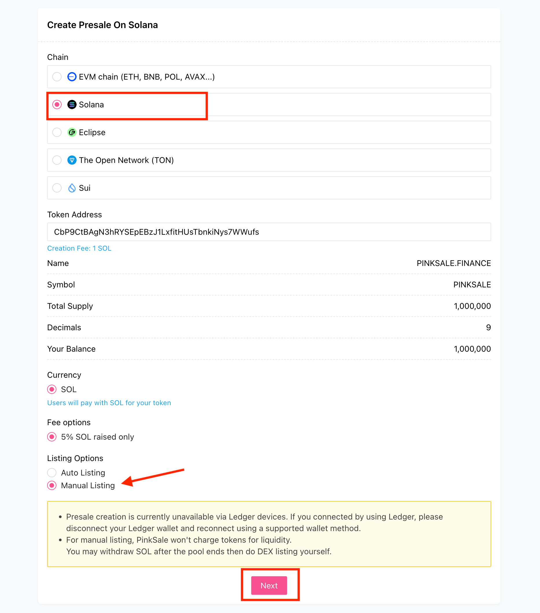 Create Manual Listing Presale \(Solana\) - Step 1 - Token Verification and Manual Listing Selection