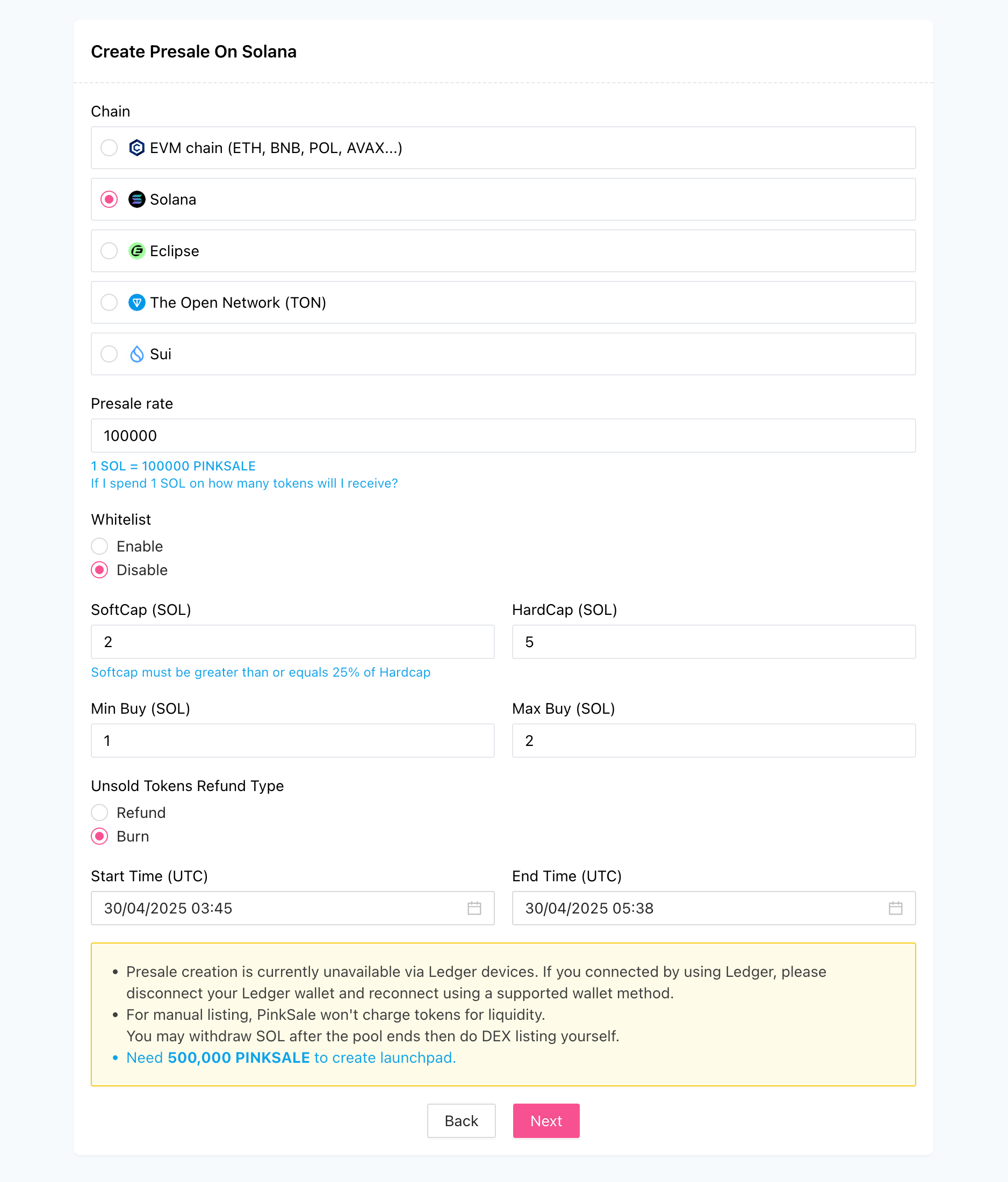 Create Manual Listing Presale \(Solana\) - Step 2 - Launchpad Information Fields