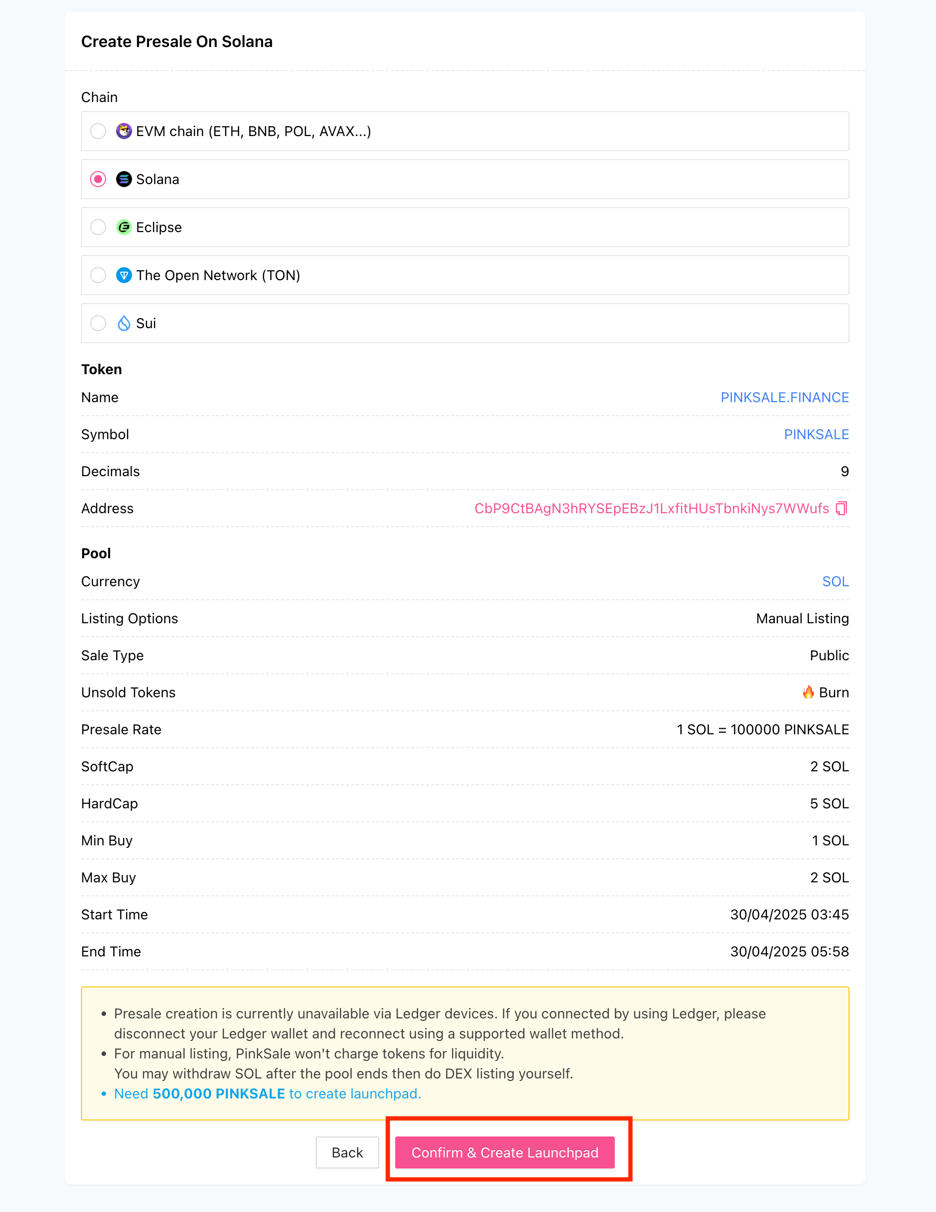 Create Manual Listing Presale \(Solana\) - Step 3 - Final Review Screen