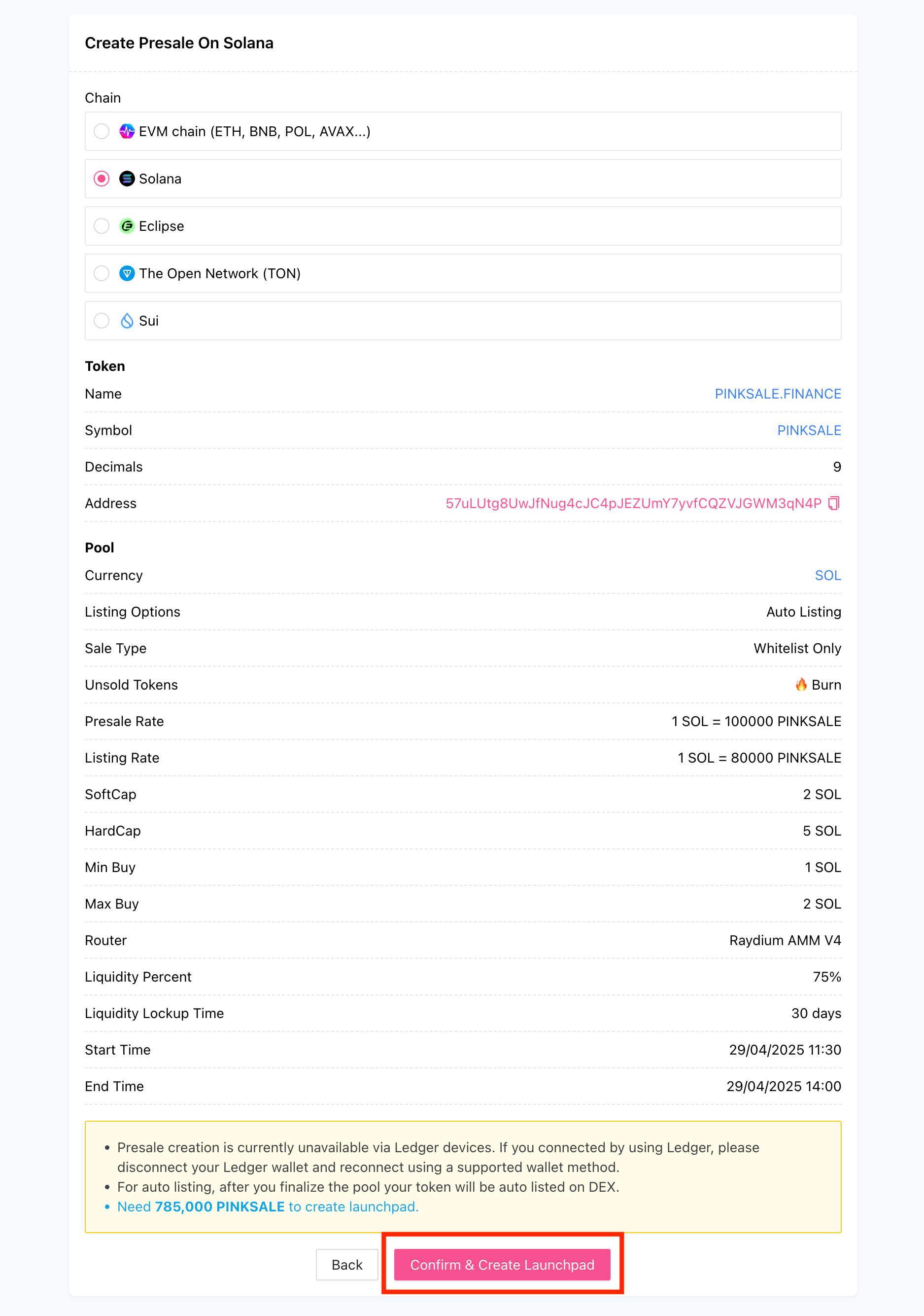 Solana Presale Step 3 - Review &amp; Confirm Button