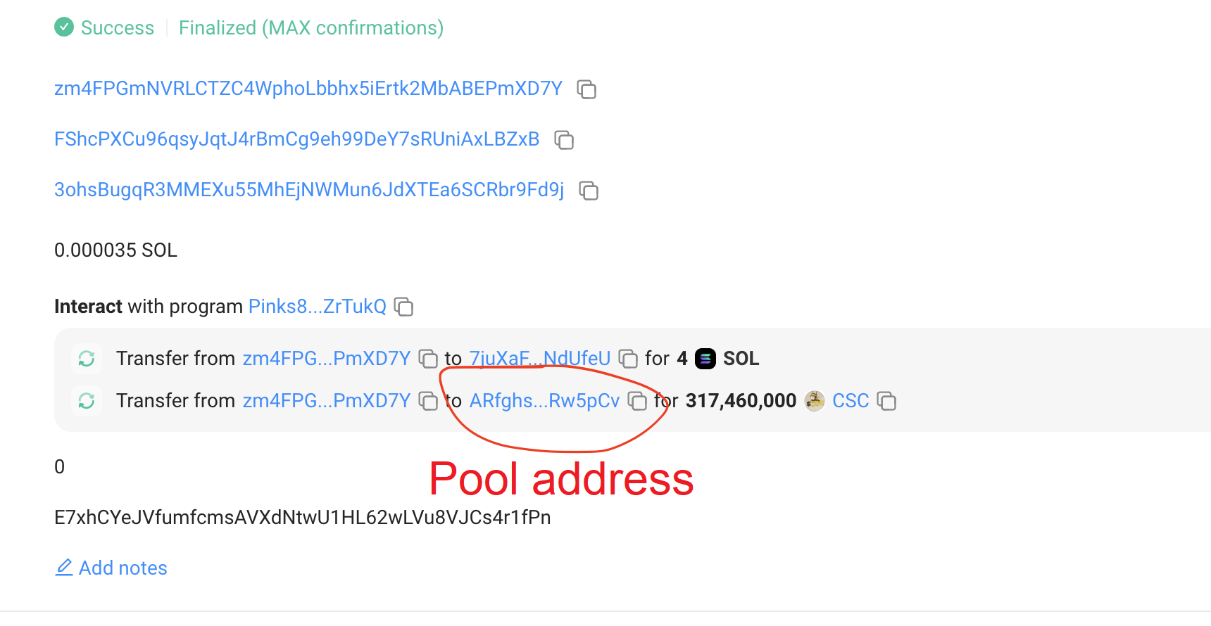 Example Solscan Transaction Detail showing Pool Address