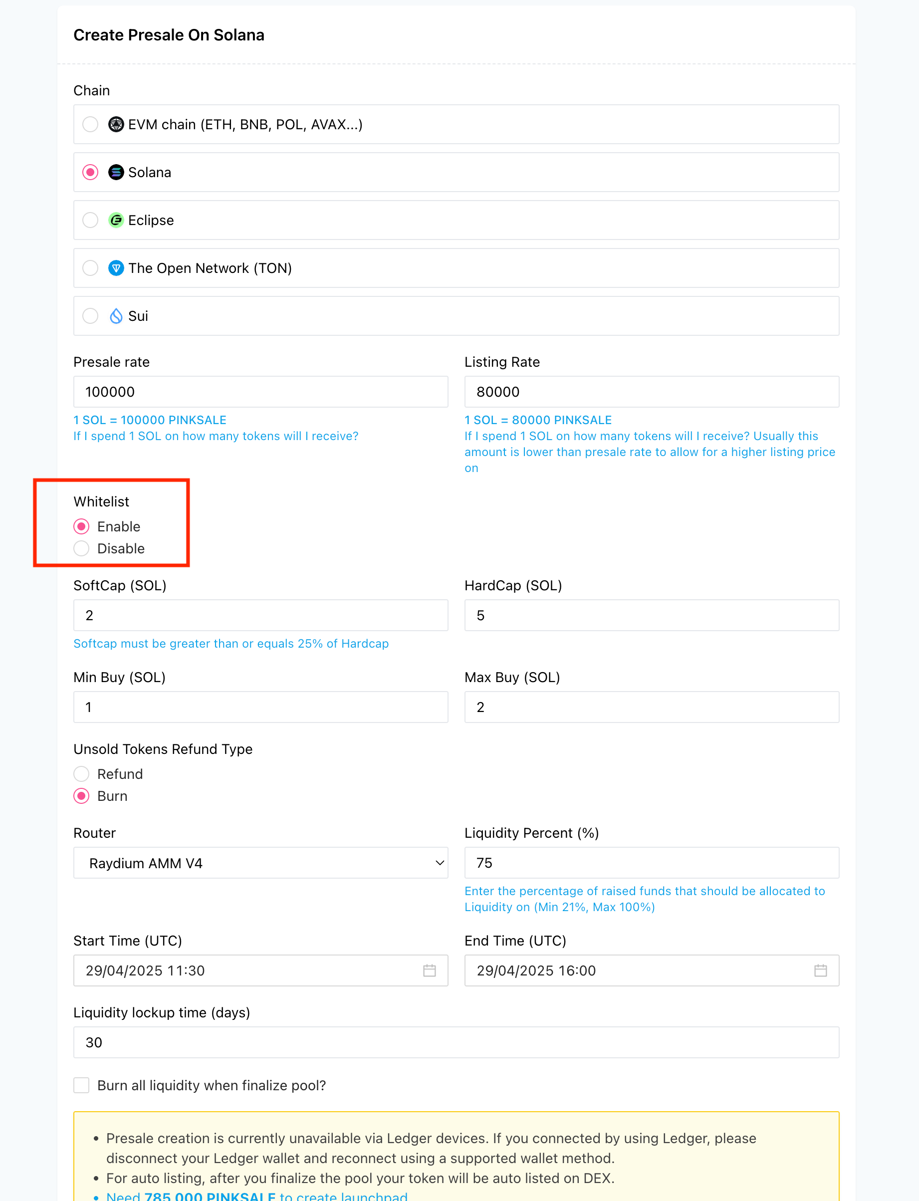 Enable Whitelist - Option During Presale Creation