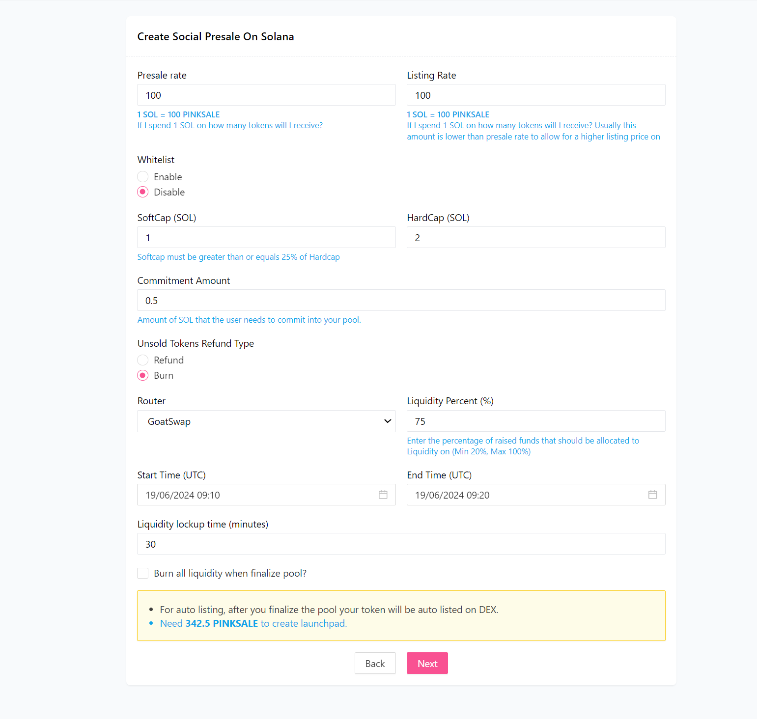 Create Social Sale (Solana) - Step 2 - Presale Information Fields