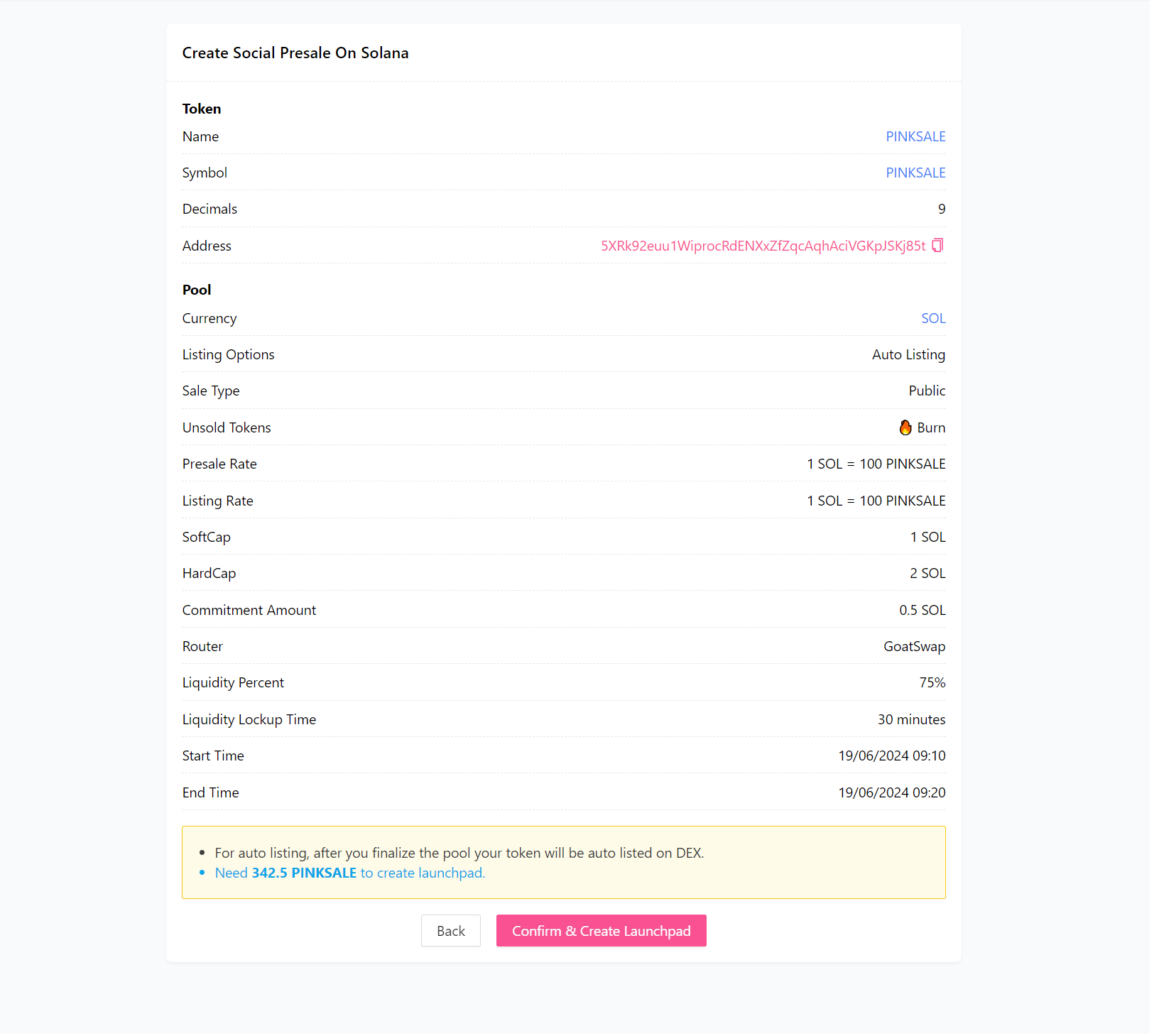 Create Social Sale (Solana) - Step 3 - Final Review Screen