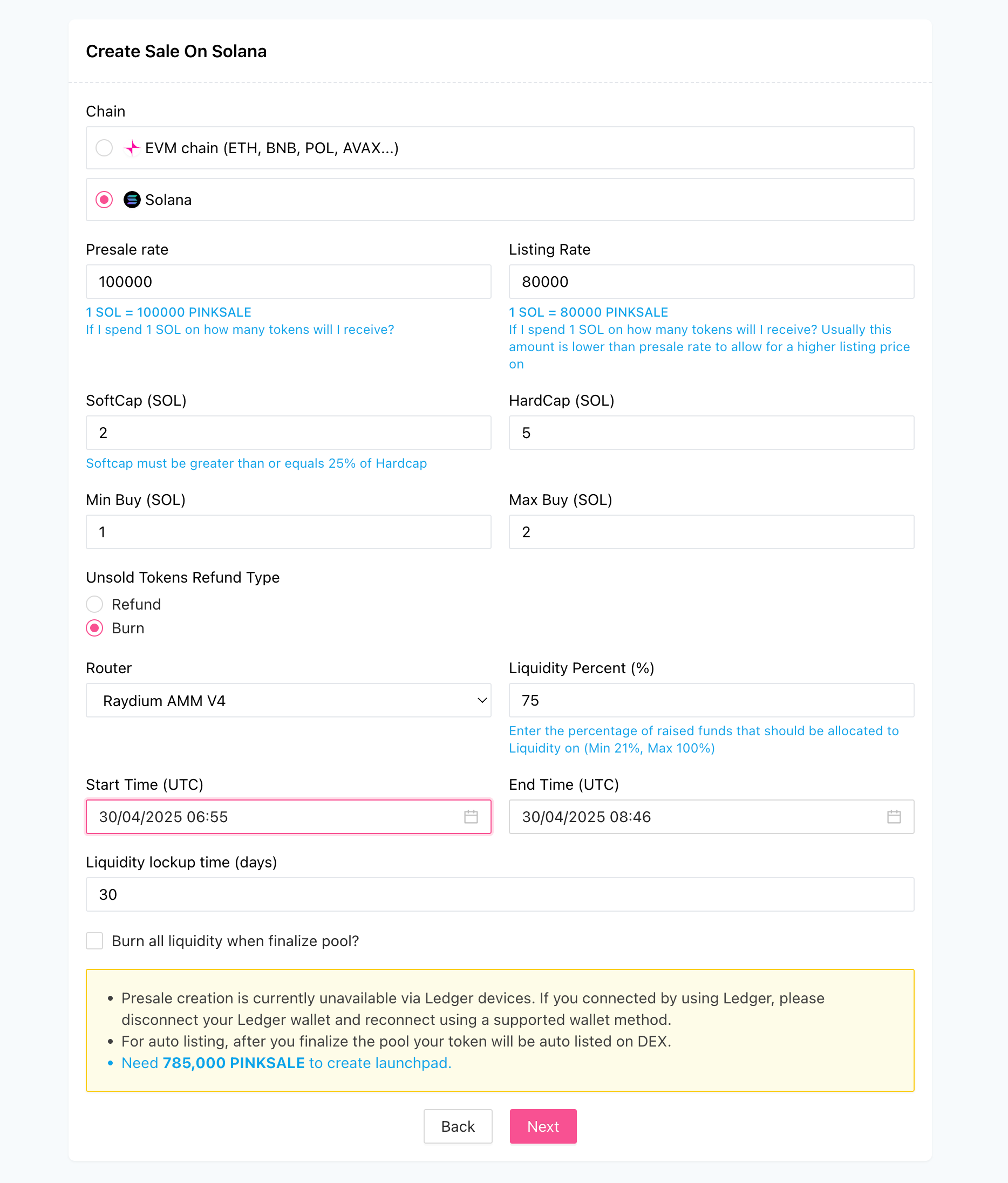 Create Twitter Overflow Presale \(Solana\) - Step 2 - Presale Information Fields