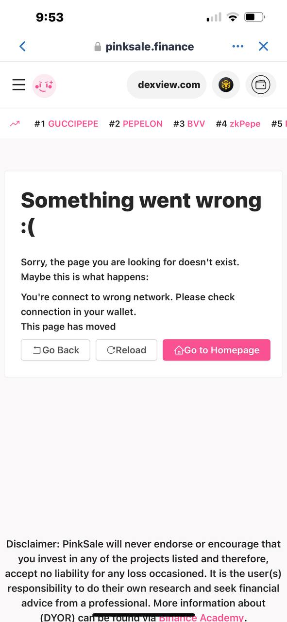 TrustWallet Error - Example Connection Issue Message