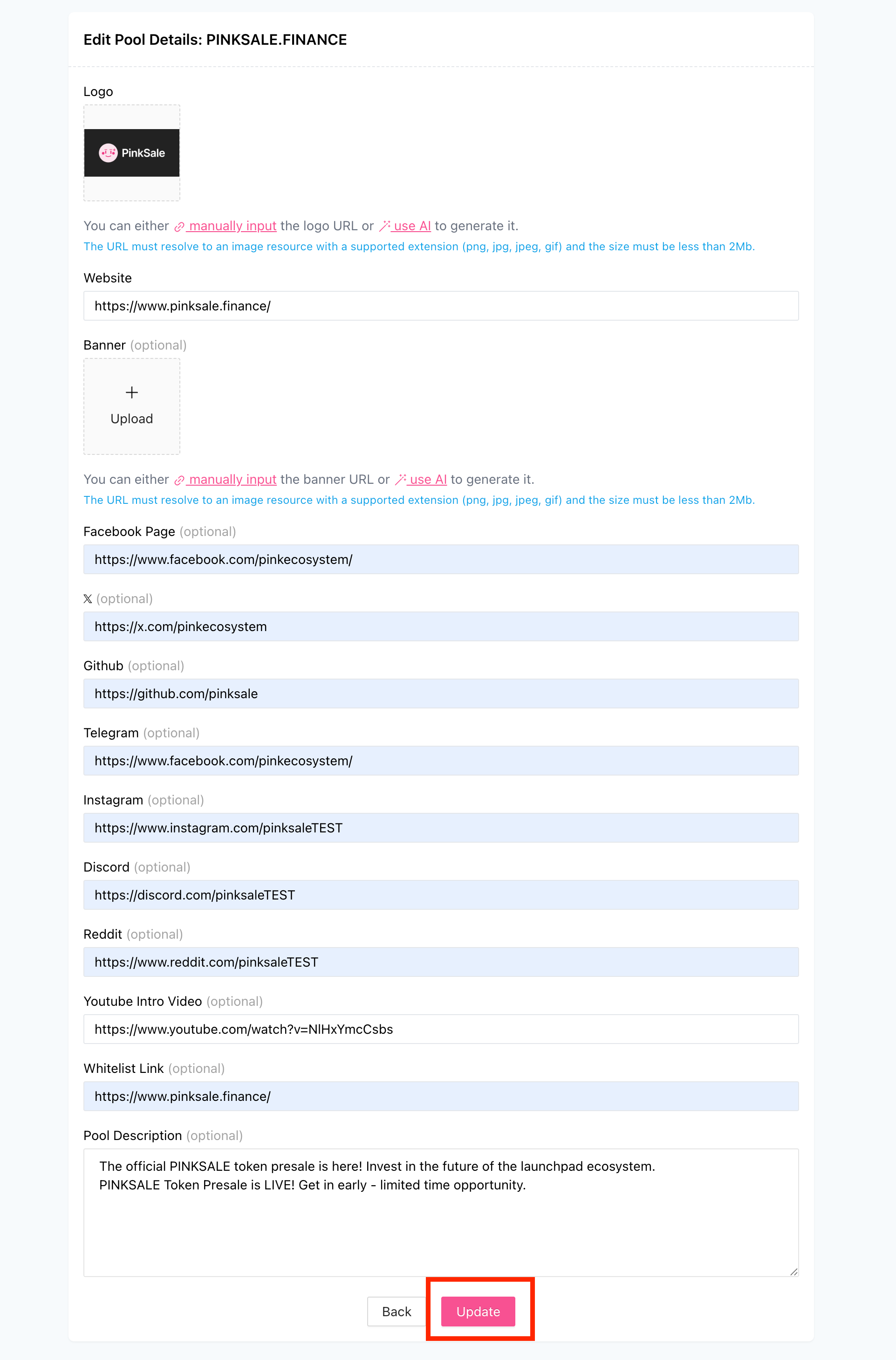 Update Presale - Step 3 - Editing Fields Example