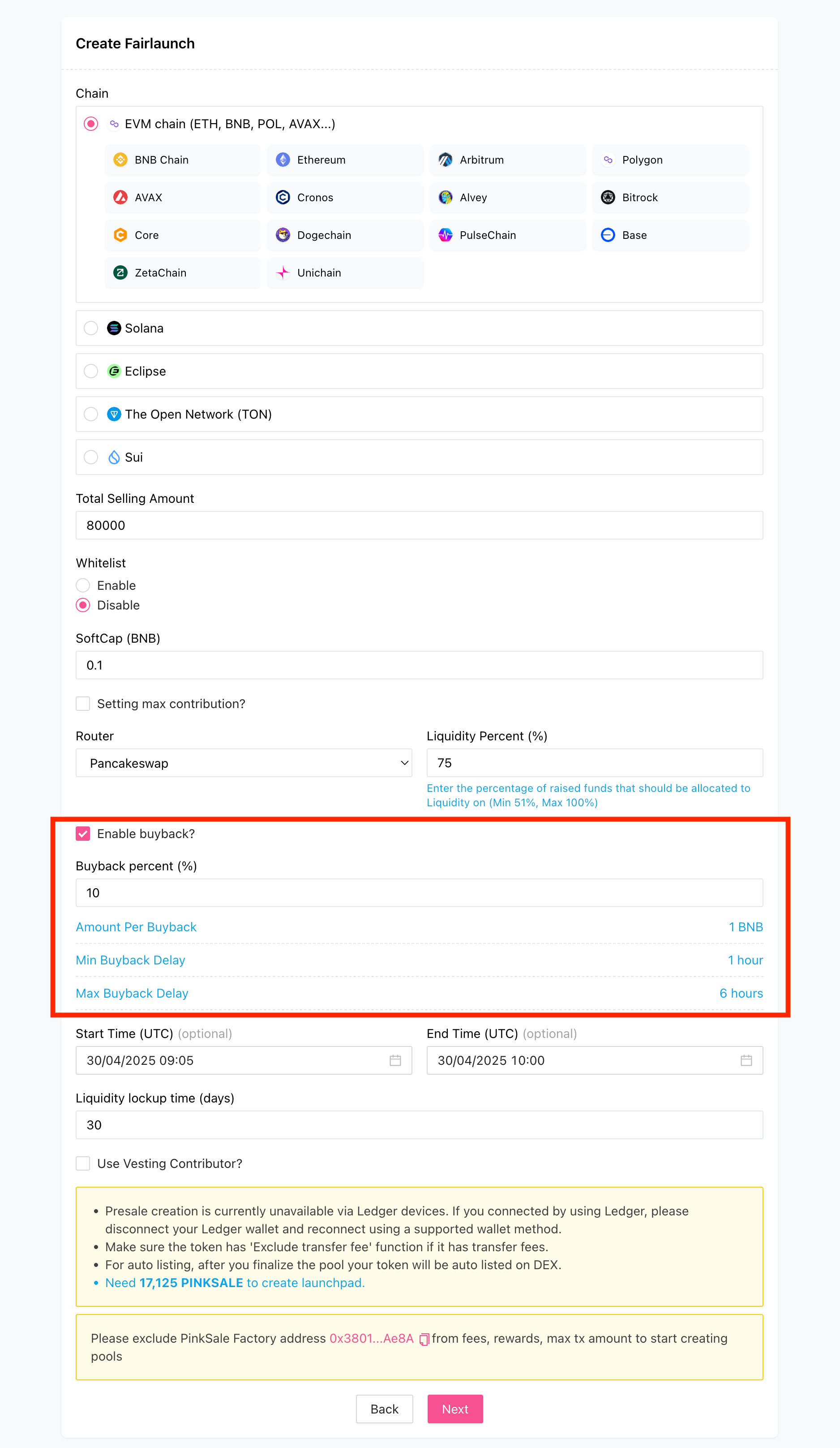 Fair Launch Creation - Buyback Option Toggle